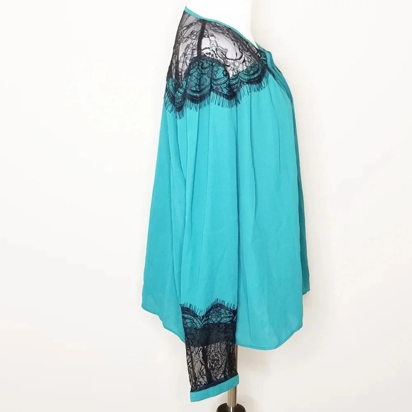 NWT Nicole Miller Green & Black Lace Inset Tie Neck Long Sleeve Blouse L - Picture 3 of 8